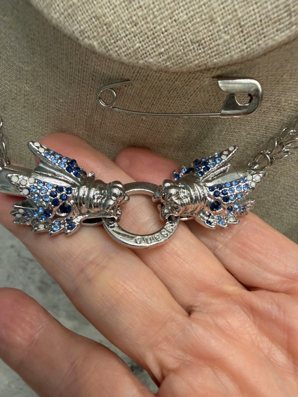GUESS Brand Silvertone Necklace and Blue Crystal Dragon Earrings Set - Picture 6 of 8